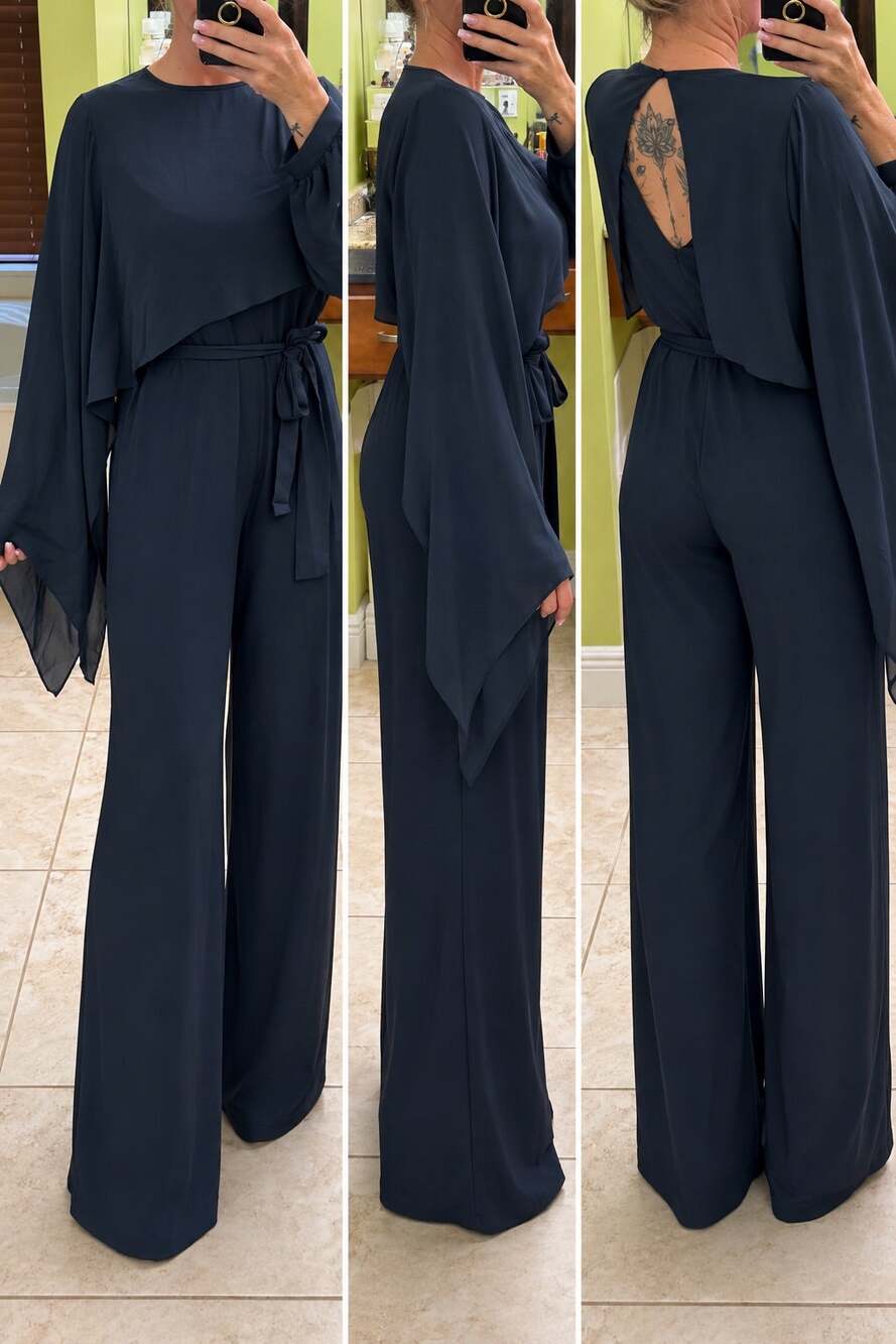 Krisa Revolve Navy Cape Sleeve Wide Leg Jumpsuit two piece set Size small NWT